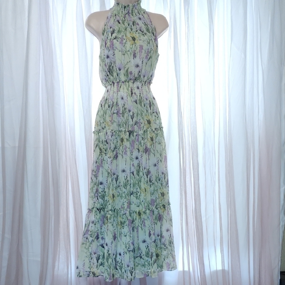 Floral Halter Maxi Dress - Green and Purple